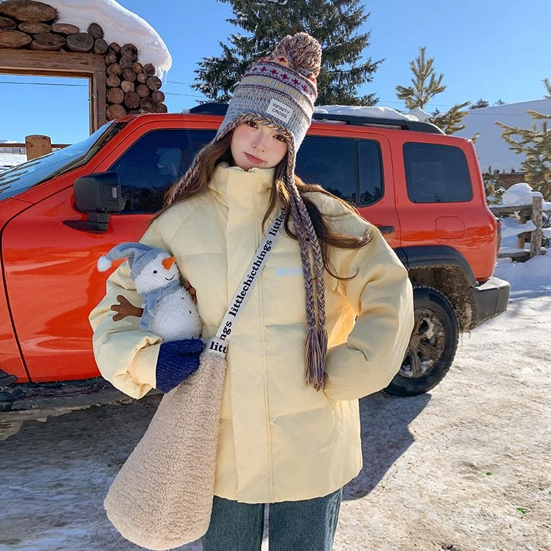 奶黄色甜美减龄立领灯芯绒羽绒派克服女2024年冬季新款小个子加厚