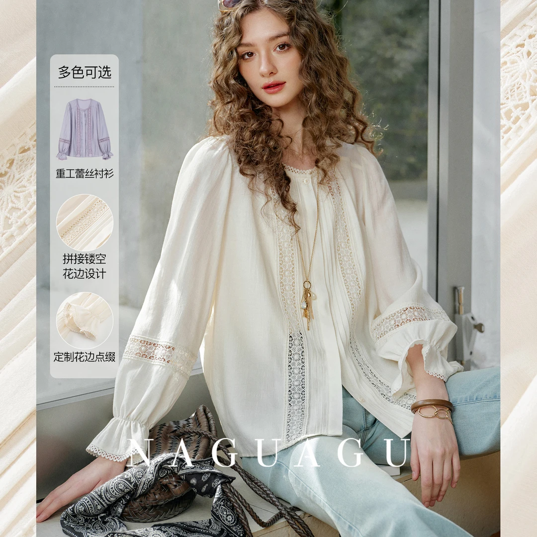 【春野来信】菁选品质感薄纱 重工镂空蕾丝衬衫气质塔克褶上衣女