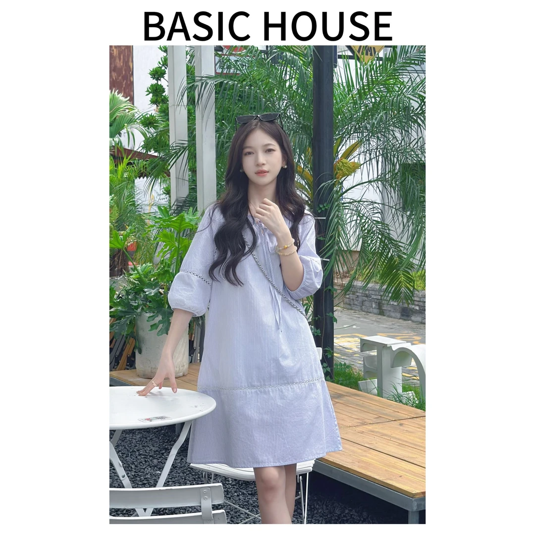 Basic House/百家好夏季新款气质时尚显瘦百搭透气条纹连衣裙子M