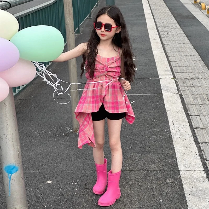 女童夏季连衣裙2025新款大童韩版洋气吊带背心裙子夏款格子裙套装