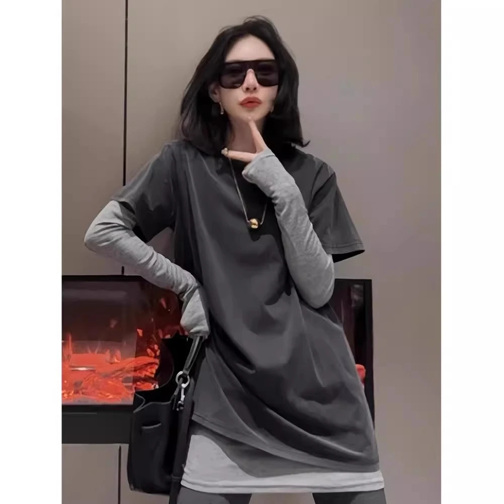 芊芊芙2025早春新款设计感假两件叠穿长袖T恤女韩版洋气内搭上衣