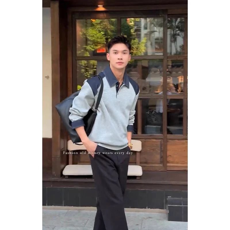 松弛感翻领拼接卫衣POLO衫男士秋季穿搭痞帅设计感长袖上衣打底衫