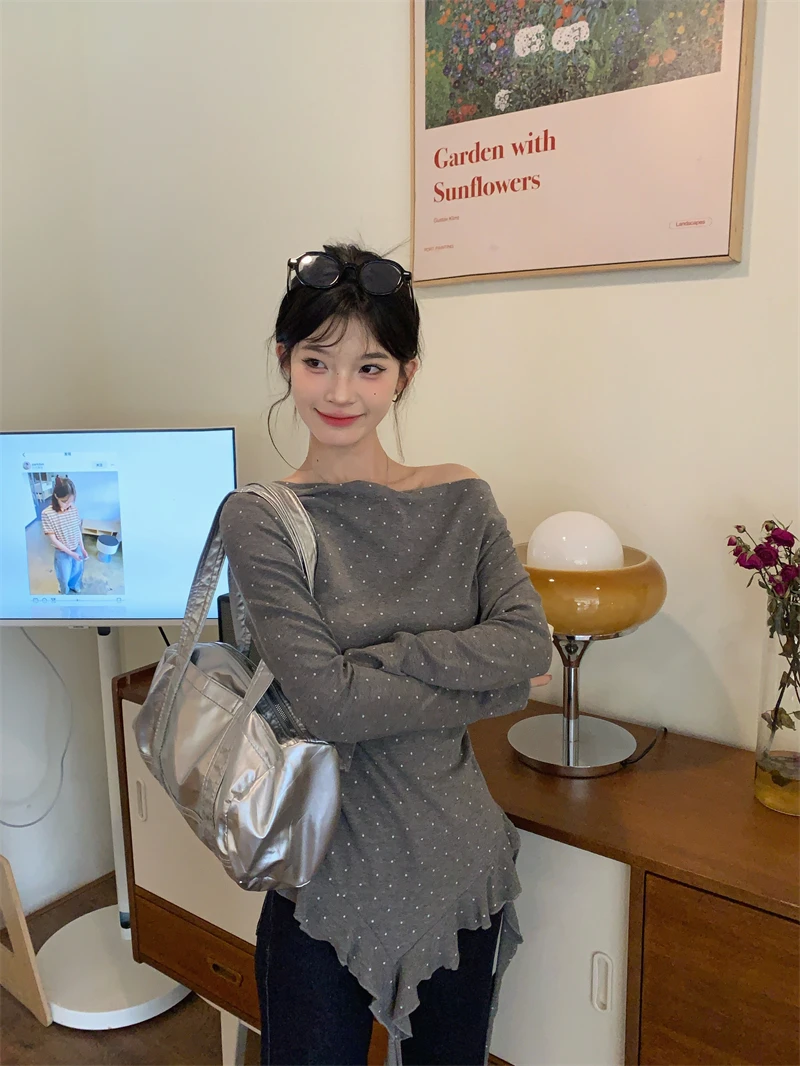 【NYPP】春季新款辣妹不规则长袖打底衫女内搭T恤修身一字肩上衣