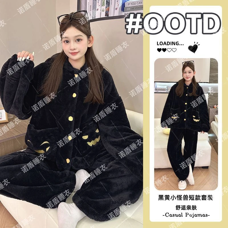 2025年秋冬款保暖睡衣女加绒加厚可外穿复古风珊瑚绒家居服套装