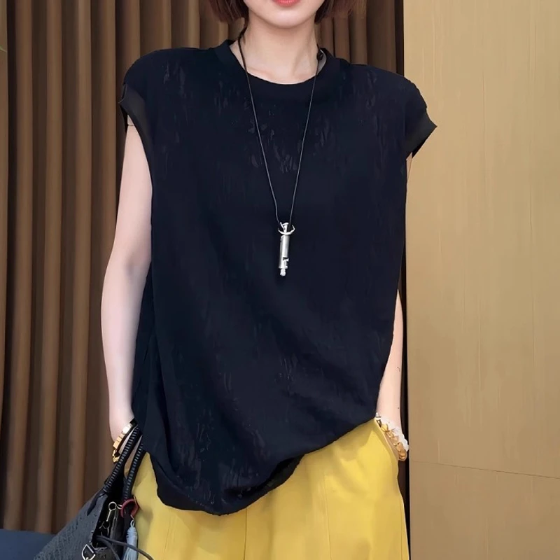 宽松显瘦小飞袖T恤夏季薄款胖MM大码女装高级感蕾丝镂空网纱上衣