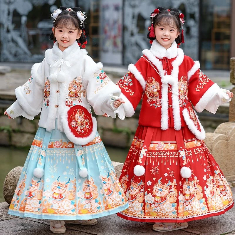 儿童冬装国风加绒加厚旗袍裙拜年服加厚唐装过年服公主超仙马面裙