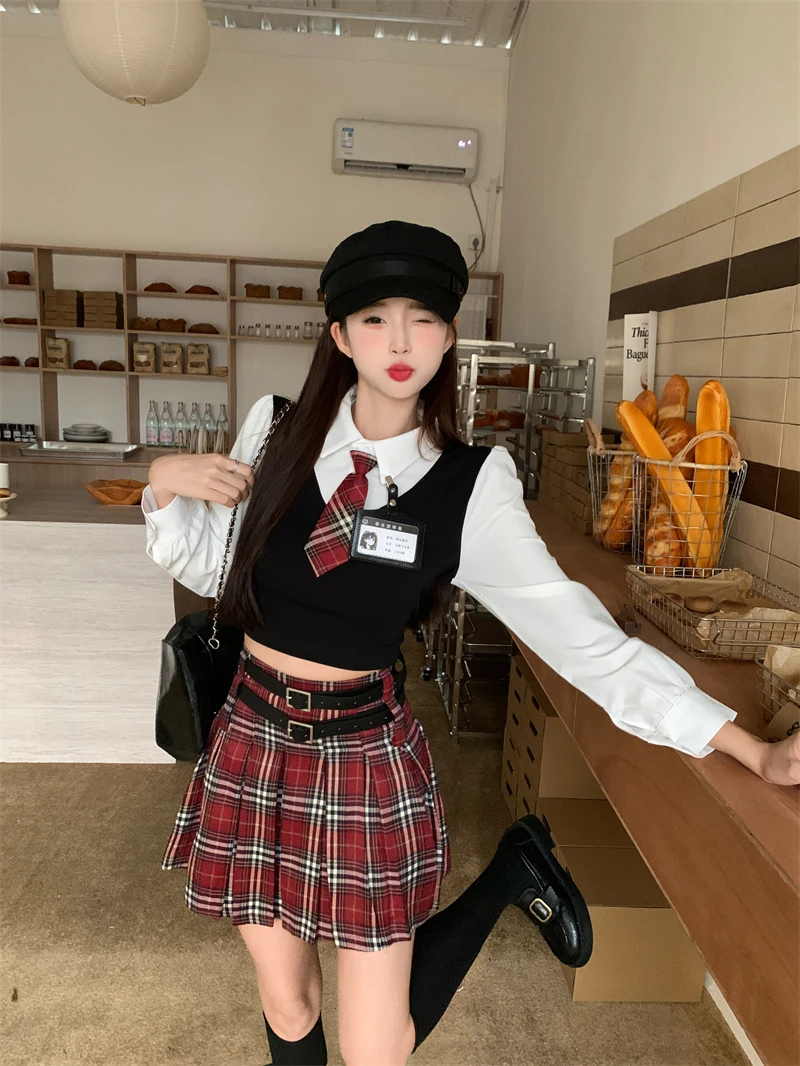 18215 大码美式甜辣妹jk制服针织假两件上衣+半身裙子两件套