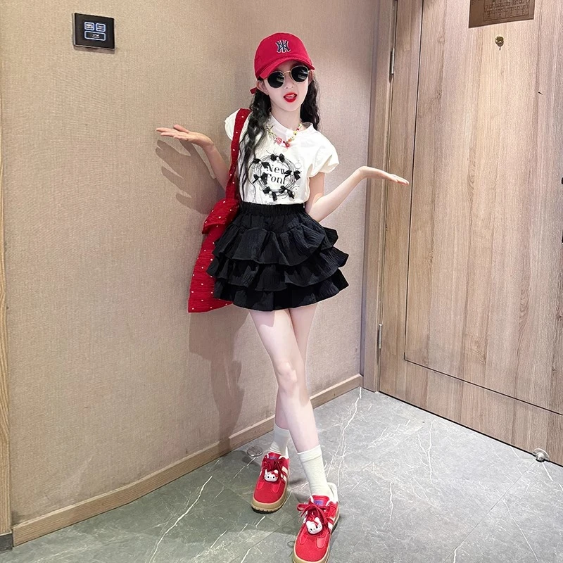 女大童高级感套装夏初中生2025超火女童夏装韩系穿搭儿童韩版短裙