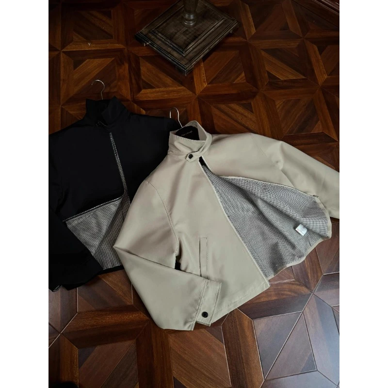 2025新复古千鸟格内里翻领美式哈灵顿潮牌夹克防泼水通勤立体剪裁