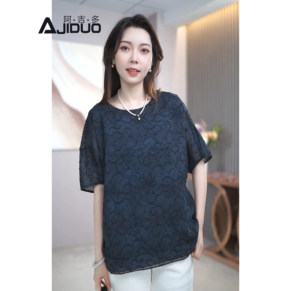 阿吉多蓝色短袖t恤女夏季新款提花高级慵懒小衫大码妈妈装上衣
