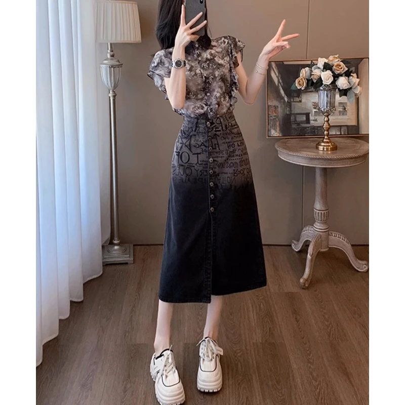 夏季牛仔半身裙女韩国东大门渐变色字母印花开叉A字裙中长款裙子