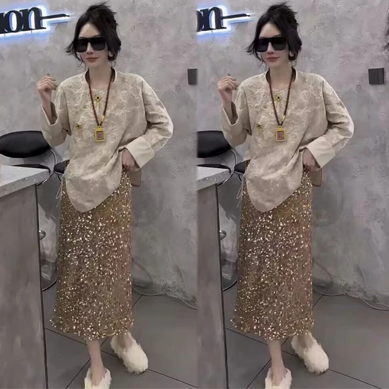 75新中式国风女装国风春季新款衬衫高级2025提花半身裙亮片两件套