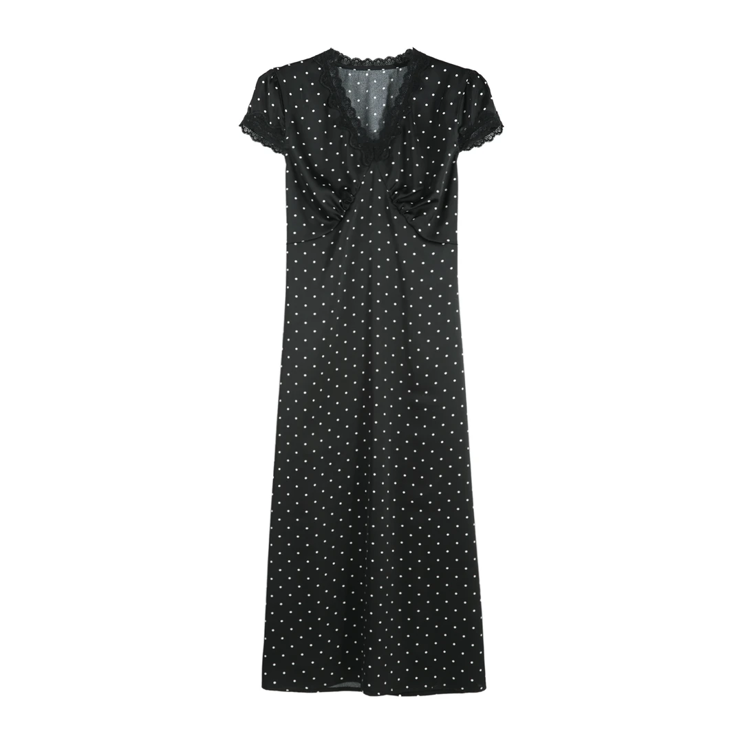 【TK】2025夏季新款V领蕾丝花边设计黑色波点显瘦连衣裙HCZX622282