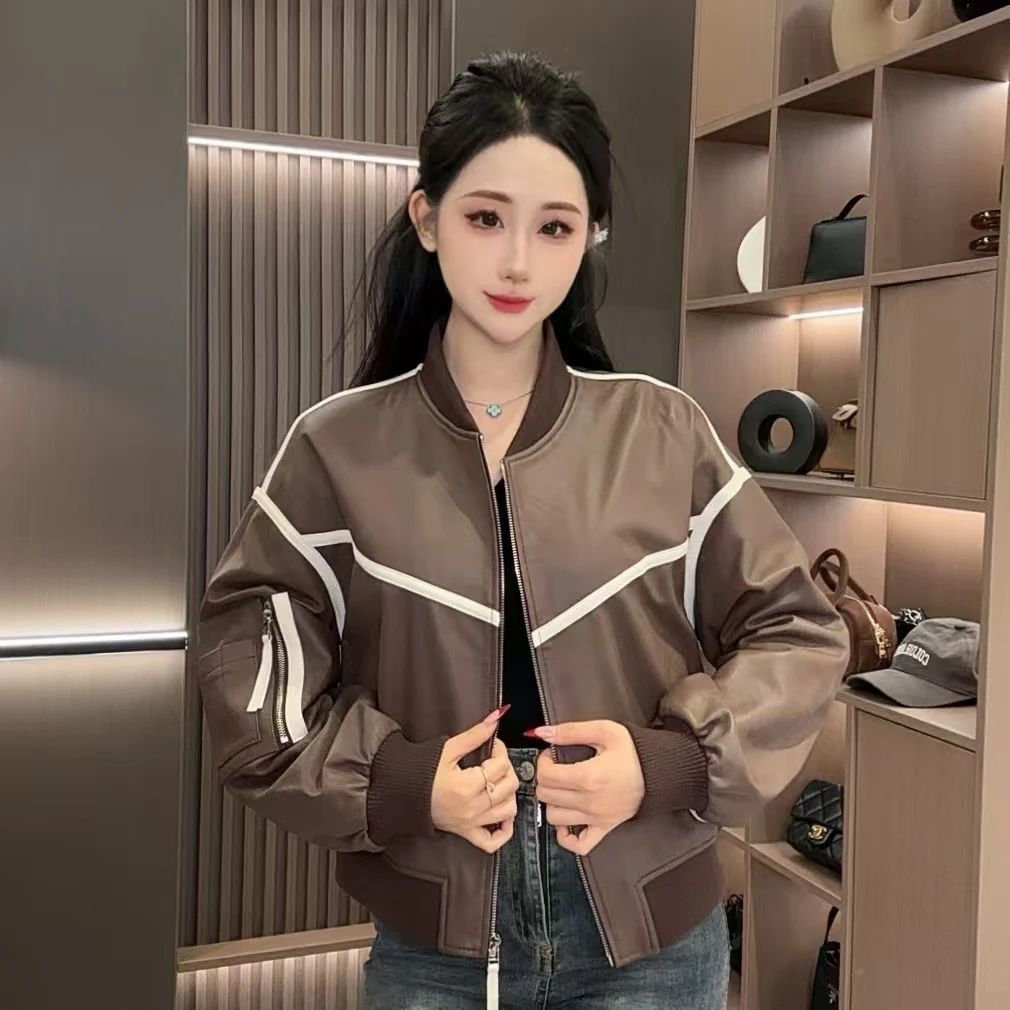 【七月推荐】街头风皮衣夹克棒球领春季外套女-QIYUE-068