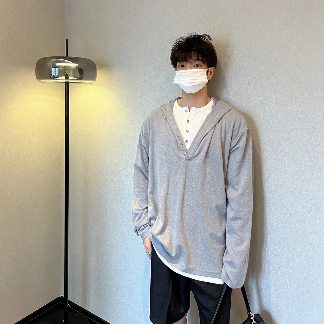 高林凡 真两件拼接撞色亨利领连帽薄款长袖卫衣重磅百搭设计帽衫