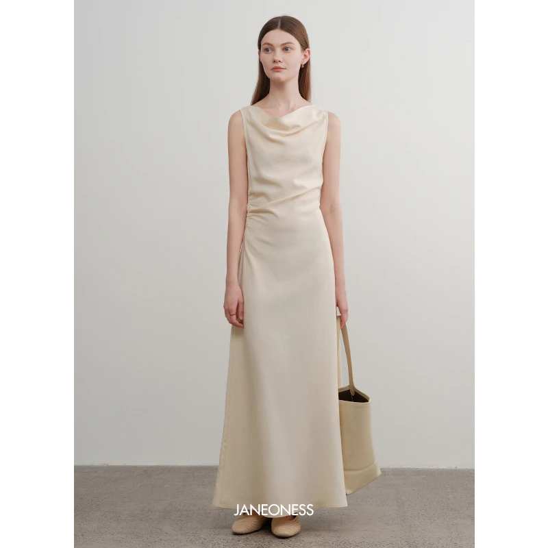 JANEONESS 天丝亚麻轻盈空气感荡领无袖三色褶皱收腰气质连衣裙女