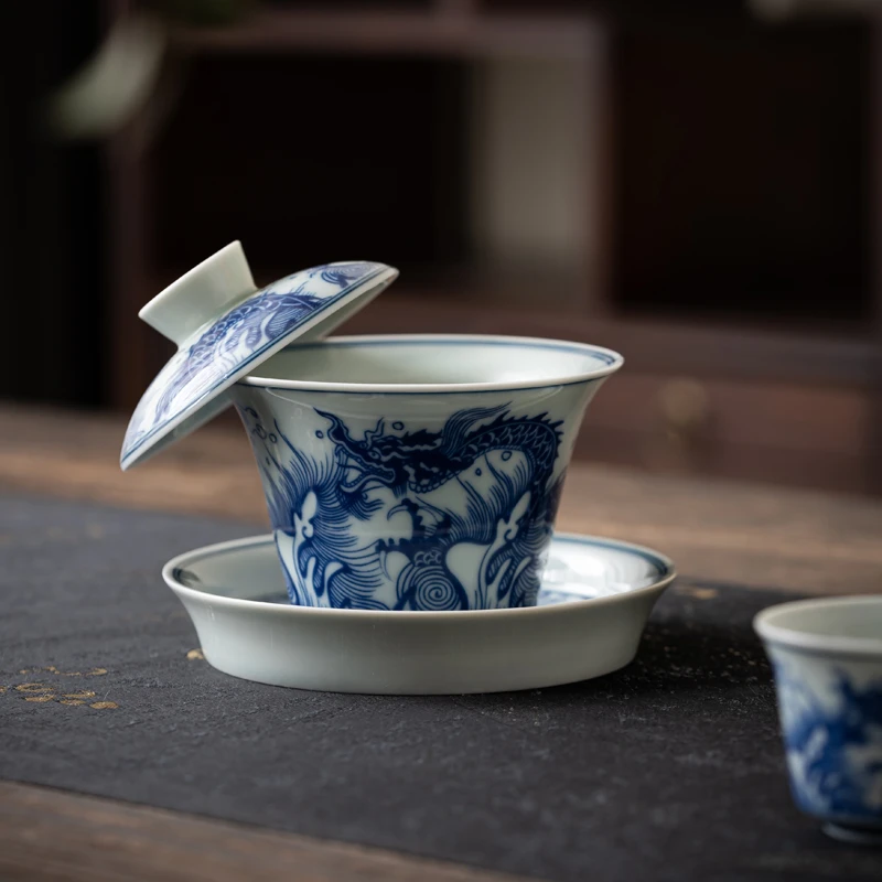 青花瓷釉中彩三才盖碗网红茶器马蹄盖碗复古中式功夫茶器泡茶悬停