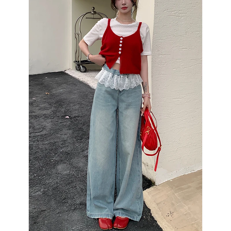 芭蕾风蕾丝花边拼接阔腿牛仔裤女2025秋季新款高腰宽松拖地长裤