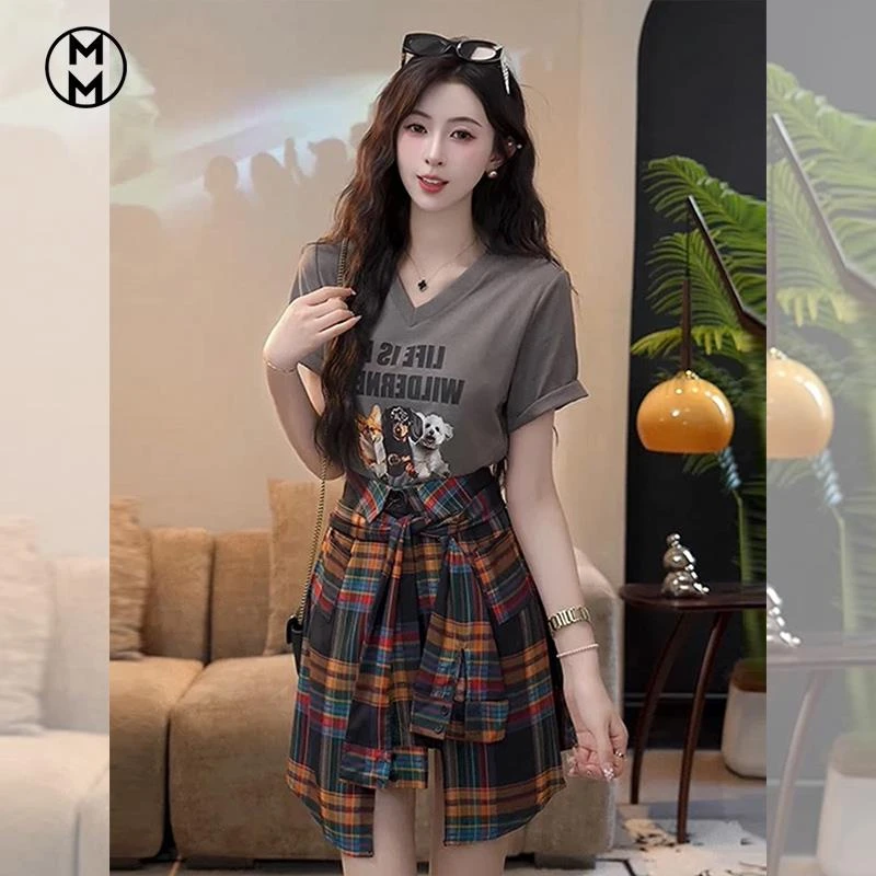 MM2025超火印花恤上衣格子裙裤一整套穿搭夏装新款洋气裙子套装女