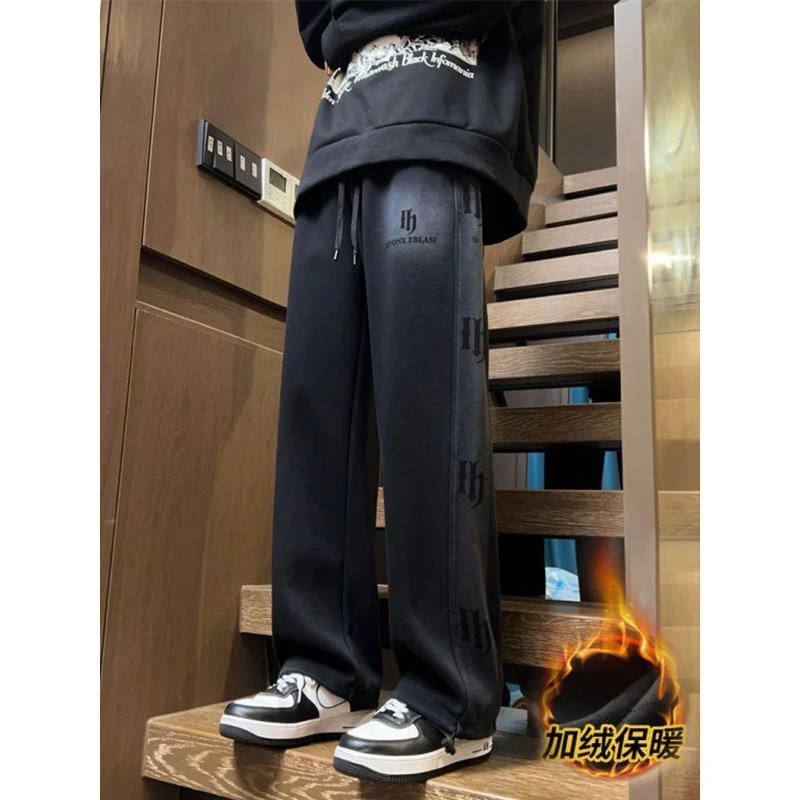 秋冬新款水洗百搭加绒加厚直筒卫裤青少年初高中生宽松休闲长裤男