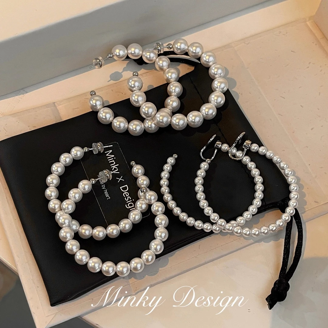 铜合金耳饰 「纯白梦境」超百搭！珍珠大耳圈耳饰耳钉蚊香盘耳夹耳环