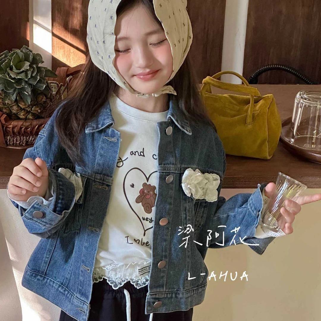 春秋女童翻领韩版牛仔外套复古风时尚休闲