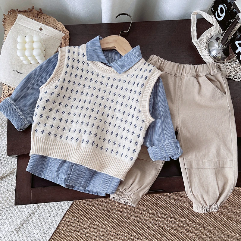 男童套装春秋2025新款中小儿童洋气男孩毛衣马甲秋装韩版穿搭休闲