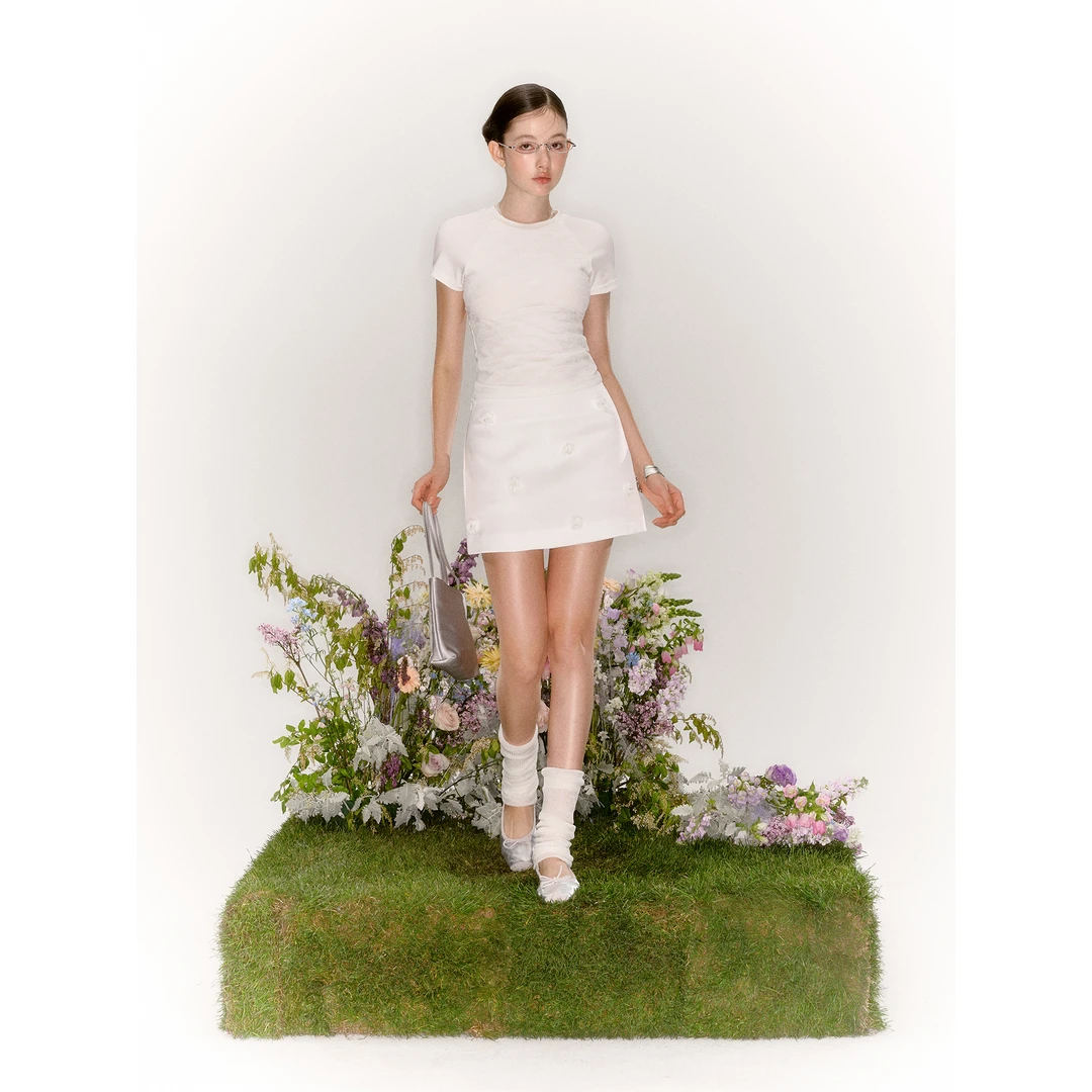 【LaluneDuCiel】LLDC白色简约花朵钉珠半身裙女夏季