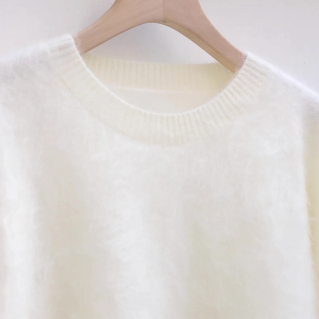 100%山羊绒新款无缝拉绒基础圆领毛衣女松弛宽松慵懒套头上衣