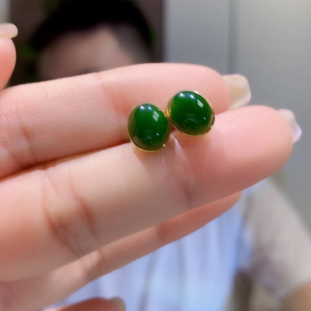 和田玉（碧玉）银S925镀金镶嵌耳饰