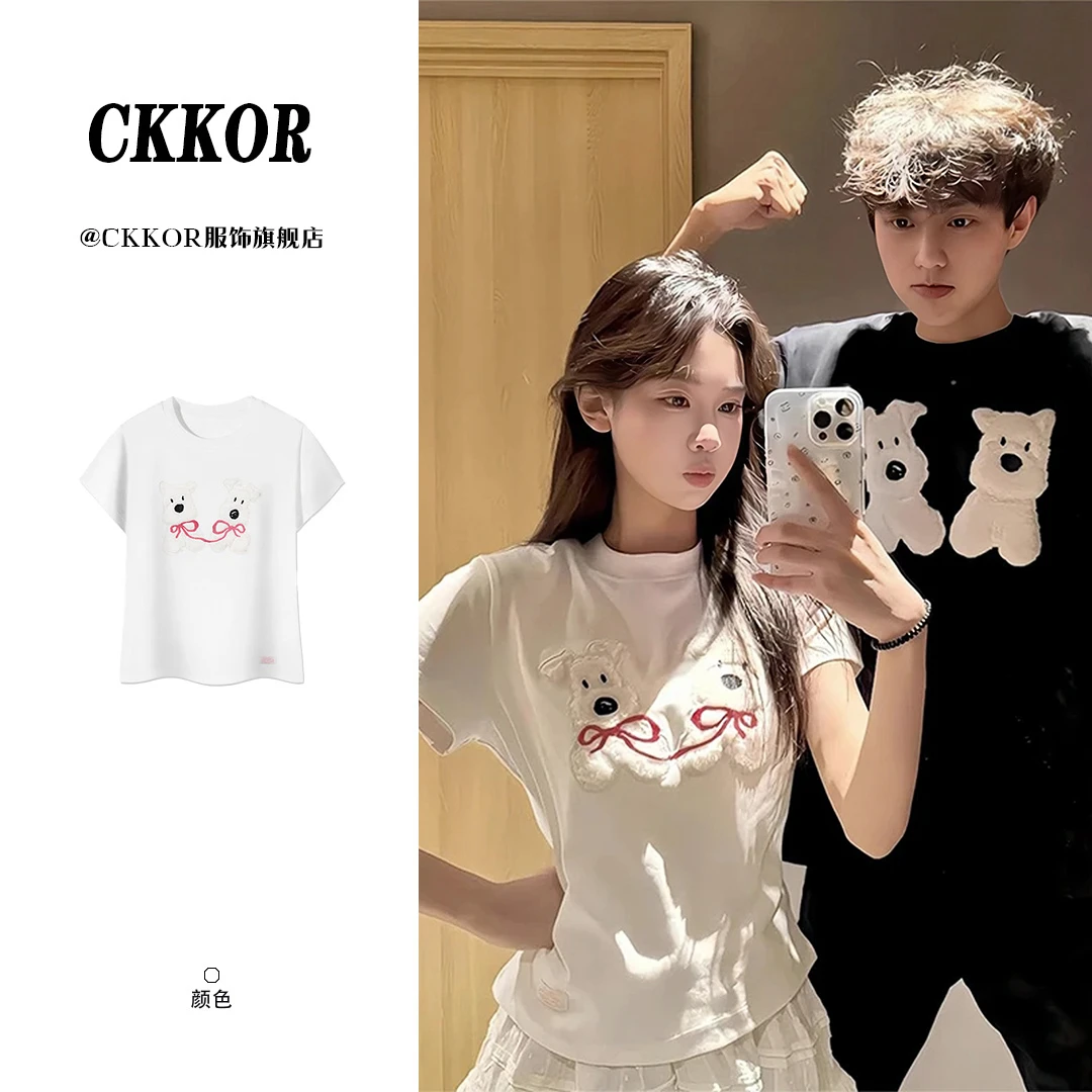 CKKOR夏季新款圆领短袖t恤女卡通风穿搭贴布绣设计款小众修身上衣