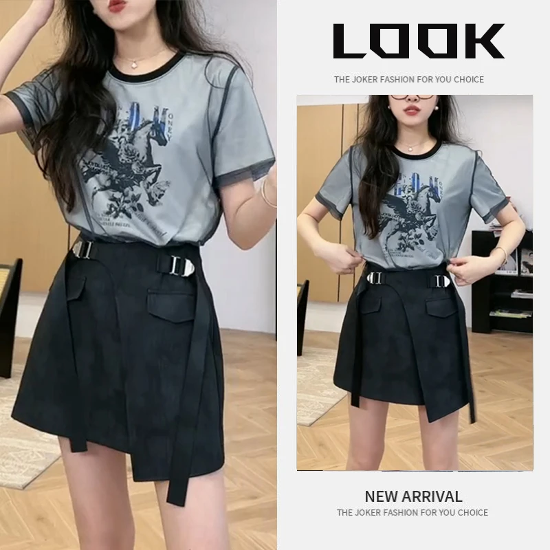 流行穿搭一整套女2025新款减龄拼纱正肩短袖上衣高腰短裙两件套潮