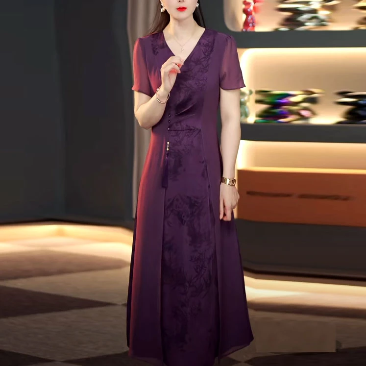 时尚提花缎新中式改良旗袍裙2025夏季新款修身遮肉拼接国风连衣裙