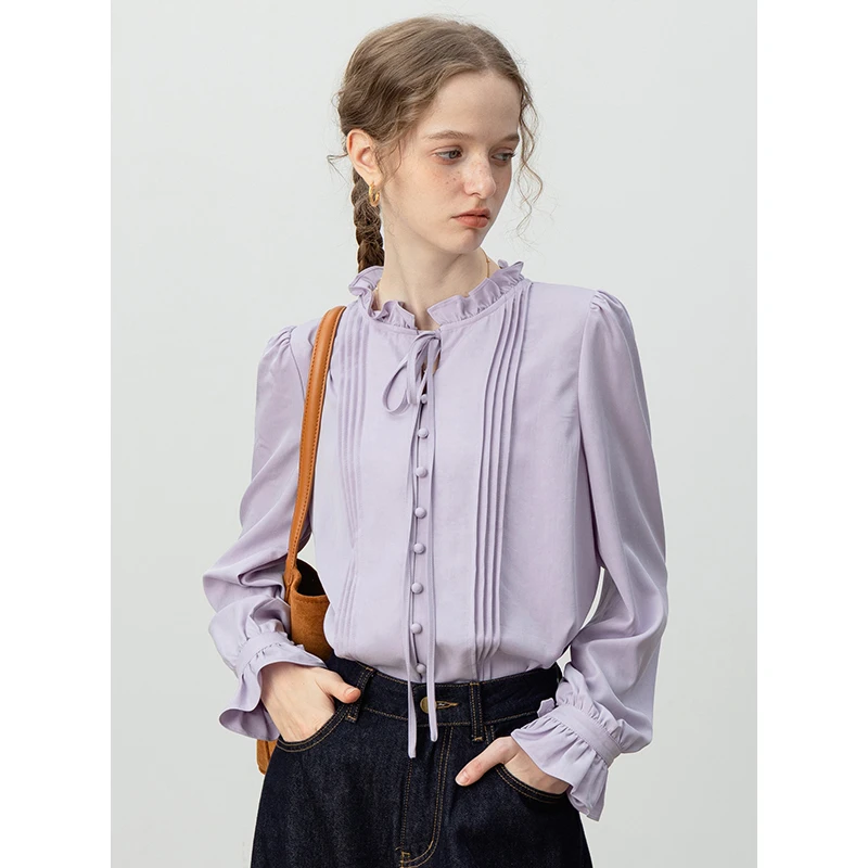 EGGKA【现现】木耳边立领蘑菇扣绑带衬衫老钱气质衬衣E24A6320YM