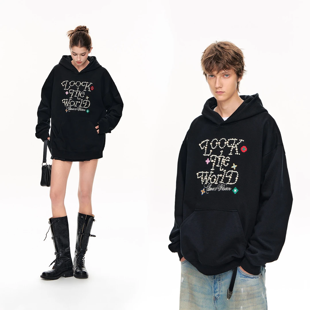 CLIMAX VISION轻奢感立体珍珠钉珠字母刺绣连帽卫衣男女款帽衫