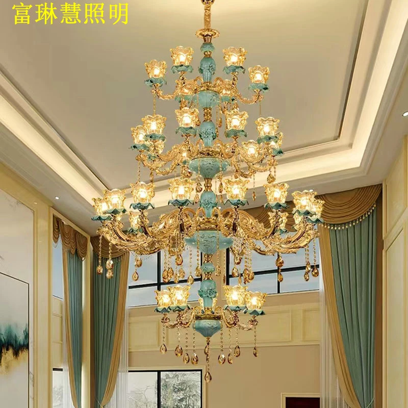 复式楼大吊灯水晶客厅卧室餐厅楼中楼灯中空美式欧式中式吸顶灯具