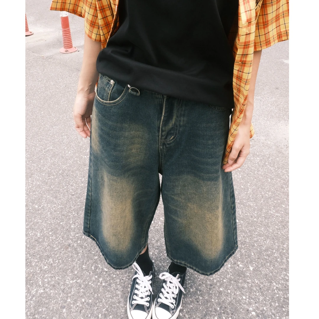 美式复古做旧水洗猫须纹牛仔裤男女夏季潮牌cleanfit情侣七分裤