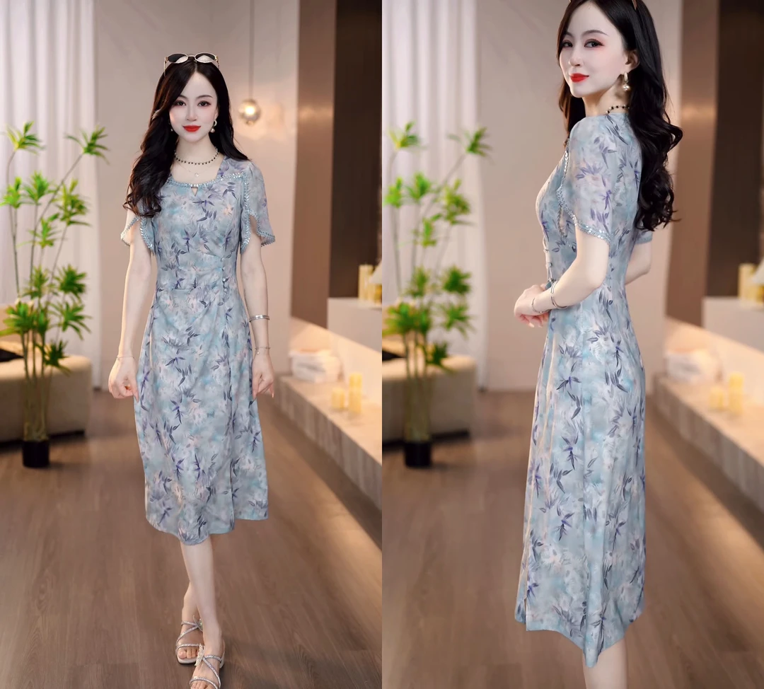 2025夏季新款显瘦碎花清秀端庄时尚气质中式盘扣旗袍连衣裙M-4XL