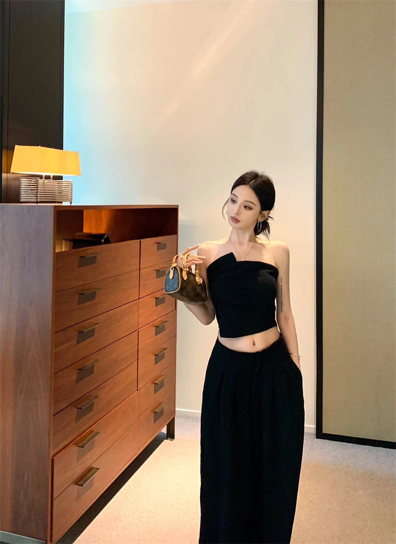 纯欲风修身显瘦不规则抹胸背心高腰宽松休闲阔腿裤套装A775#