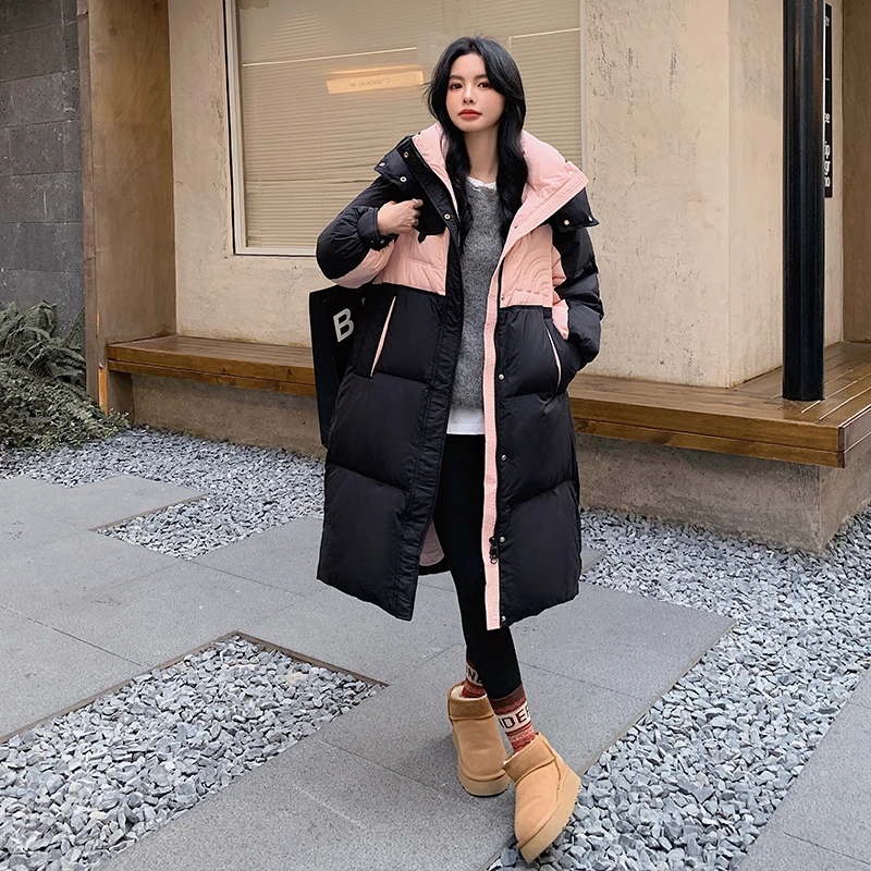 TIANXIAOER/甜小二羽绒服中长款连帽拼接撞色大码休闲白鸭绒加厚