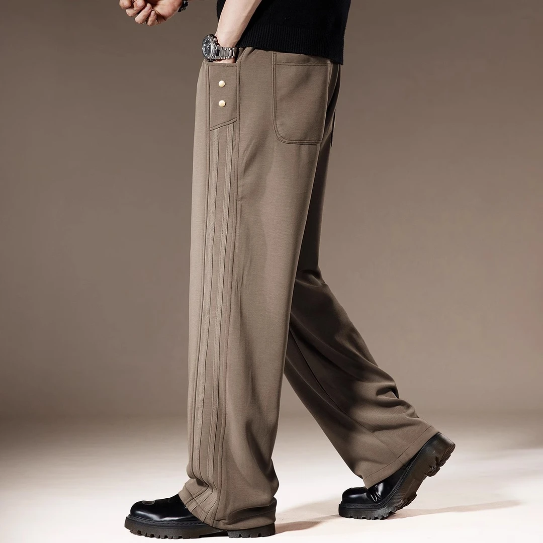 高端美式侧条纹垂感运动休闲裤男秋冬冰丝宽松大码阔腿直筒工装裤