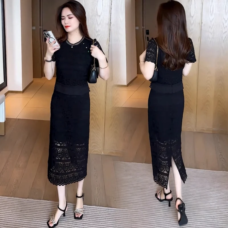 蕾丝连衣裙女2025夏新款洋气显瘦遮肉中长款假两件减龄黑色裙子潮