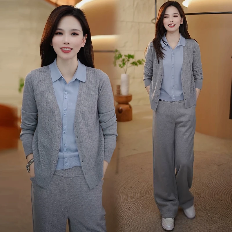 时尚衬衫领假两件拼接针织衫女2026年春秋新款撞色洋气减龄上衣潮