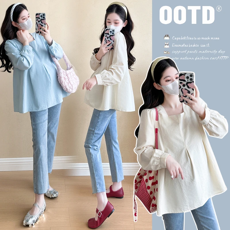 孕妇装2025春季新款韩版长袖休闲百搭时尚温柔气质方领娃娃衫上衣