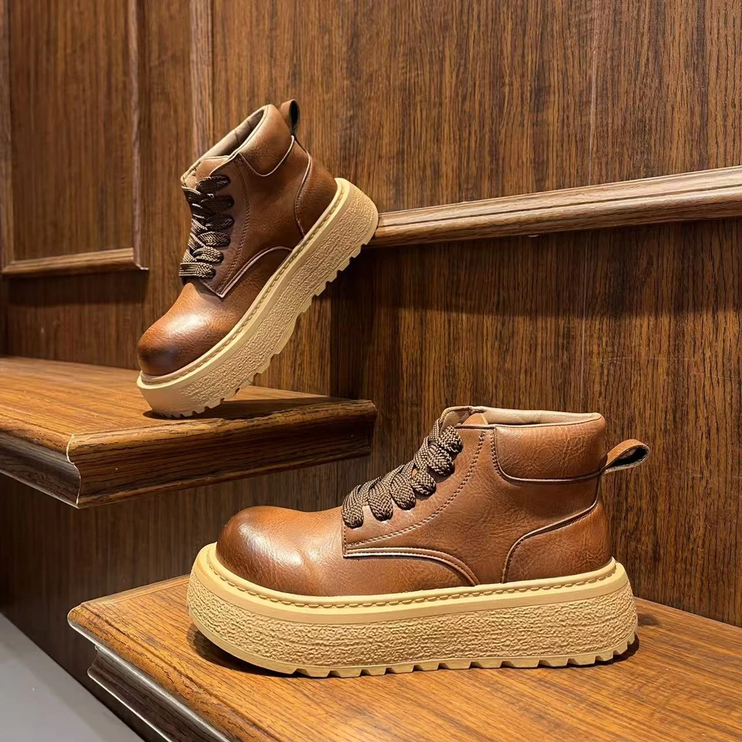 男鞋2025复古巴恩风秋冬季纯色百搭中帮工装休闲鞋厚底系带潮男鞋