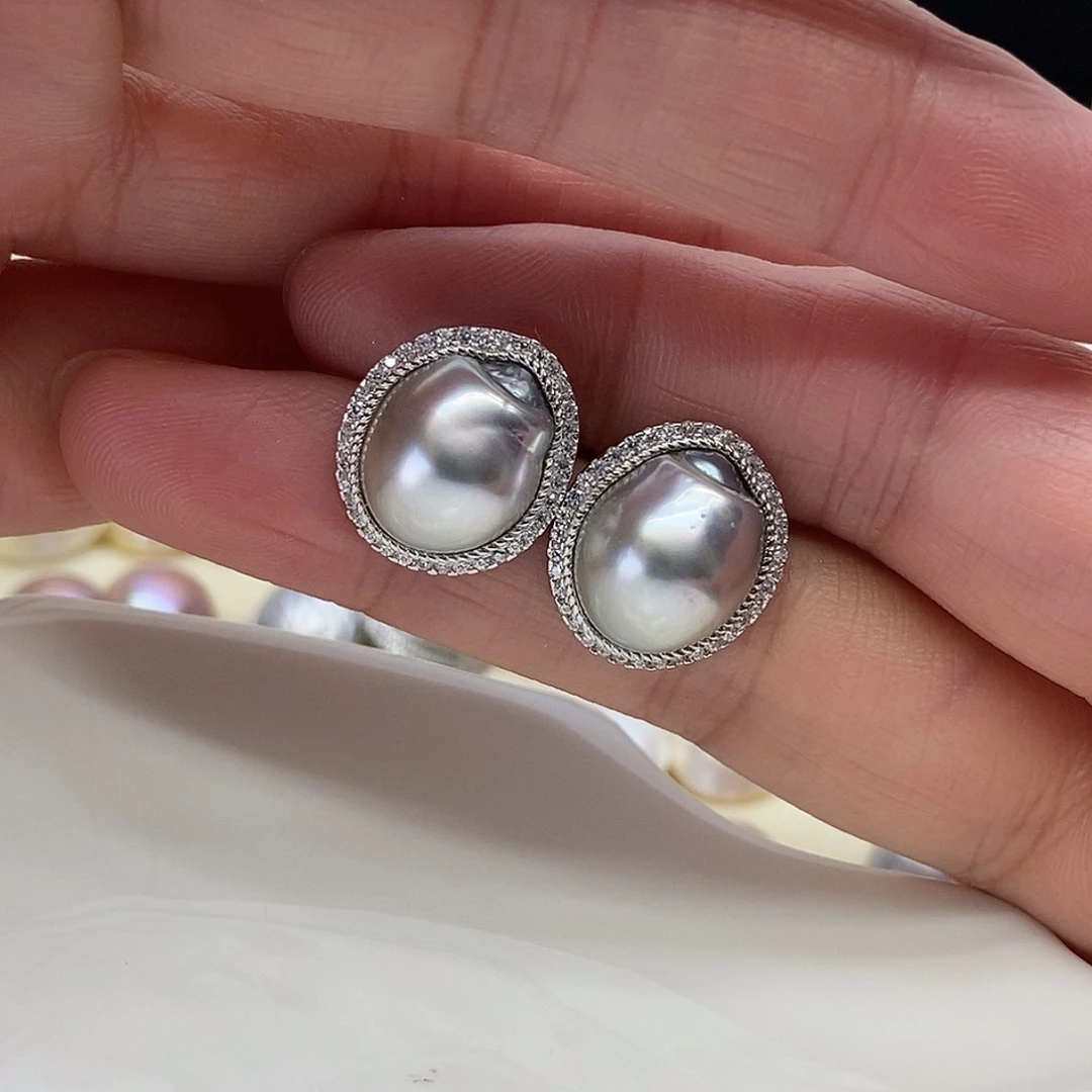 耳饰银S925镶嵌拼合珍珠（马贝珠）