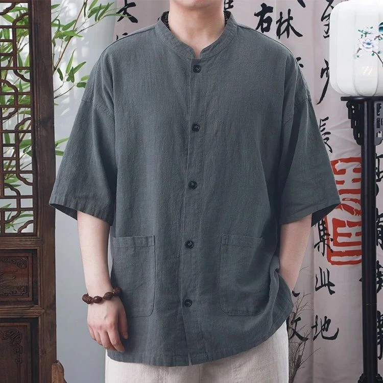 宽松复古亚麻短袖立领纯色简约潮流男士休闲衬衫棉麻帅气文艺衬衣