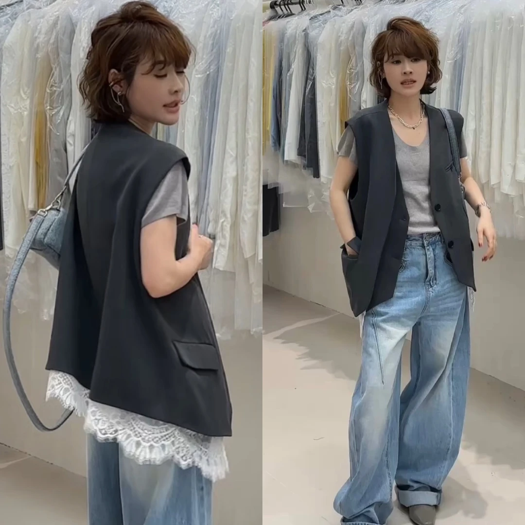 欧洲站2025春季韩版气质V领假两件下摆蕾丝拼接高级感西装马甲潮