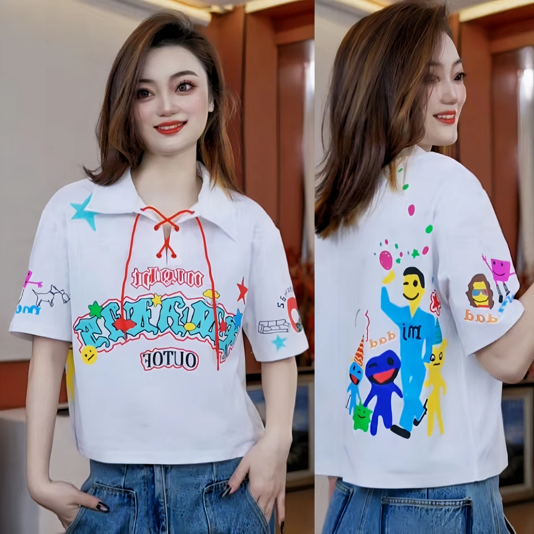 KM60020时尚T恤翻领系带上衣