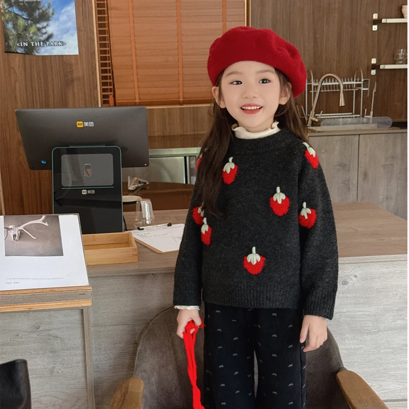 【草莓毛衣】WWLL定制童装女宝宝套头毛衣洋气女童毛衣洋气毛衣秋冬